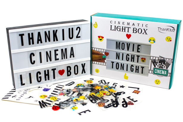 Cinema Light Box By ThanKiu2: Vintage Cinematic Light Up Message And Note Sign With 192 Letters, Numbers, & Emojis – Personalized A4 White LED Lightbox With Extra Long Durable USB Cable
